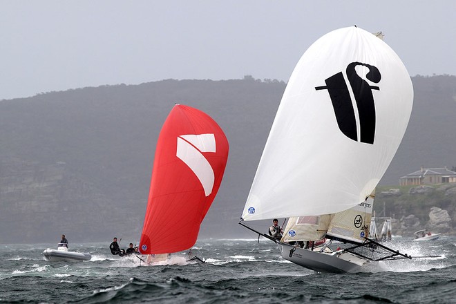 Thurlow Fisher to leeward of Gotta Love It 7 - Race 7, JJ Giltinan Trophy, 2013, Sydney Harbour © Frank Quealey /Australian 18 Footers League http://www.18footers.com.au